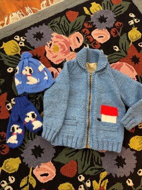 Vintage Handmaid Snoopy Knit Cardigan with Matching Hat and Gloves